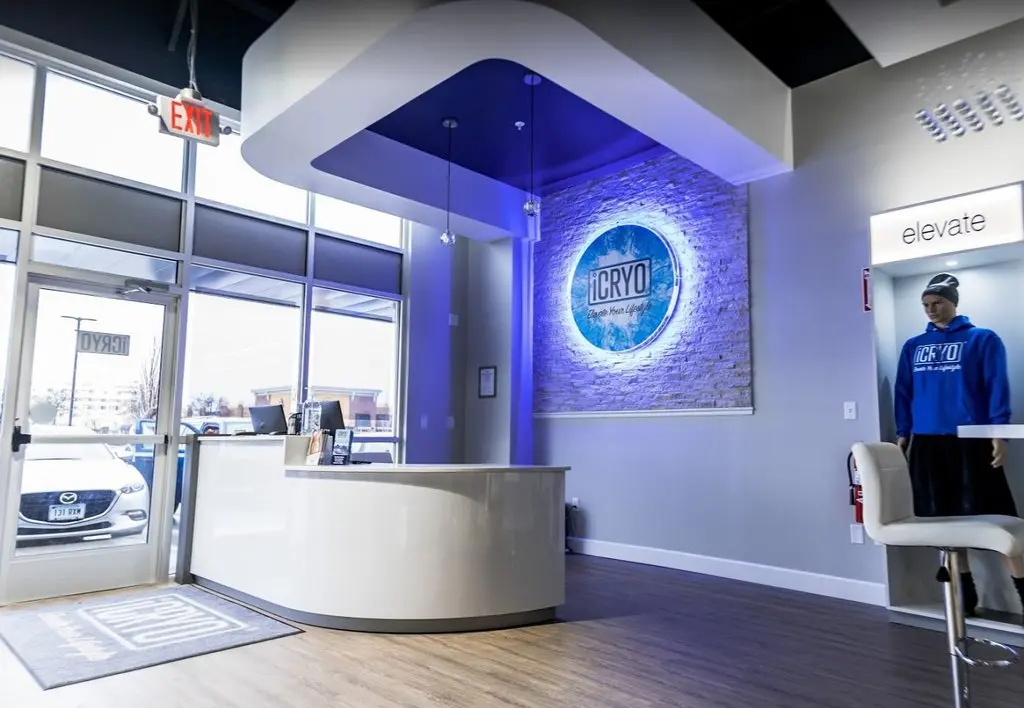 iCRYO Helotes interior showing modern reception area with illuminated logo